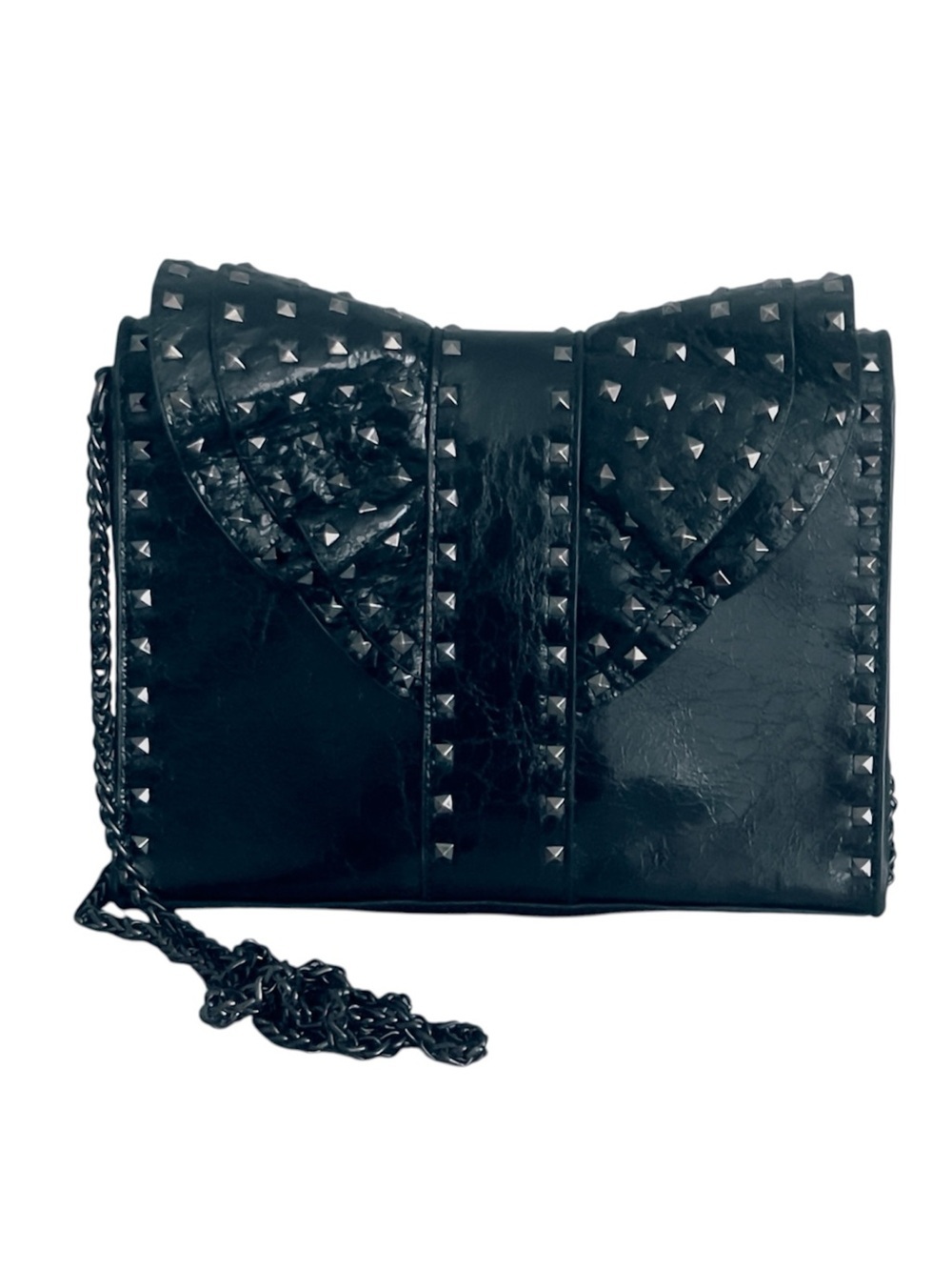 INZI Patent Leather Studded Ruffle Bow Chain Strap Crossbody Shoulder Bag Black - Picture 3 of 14